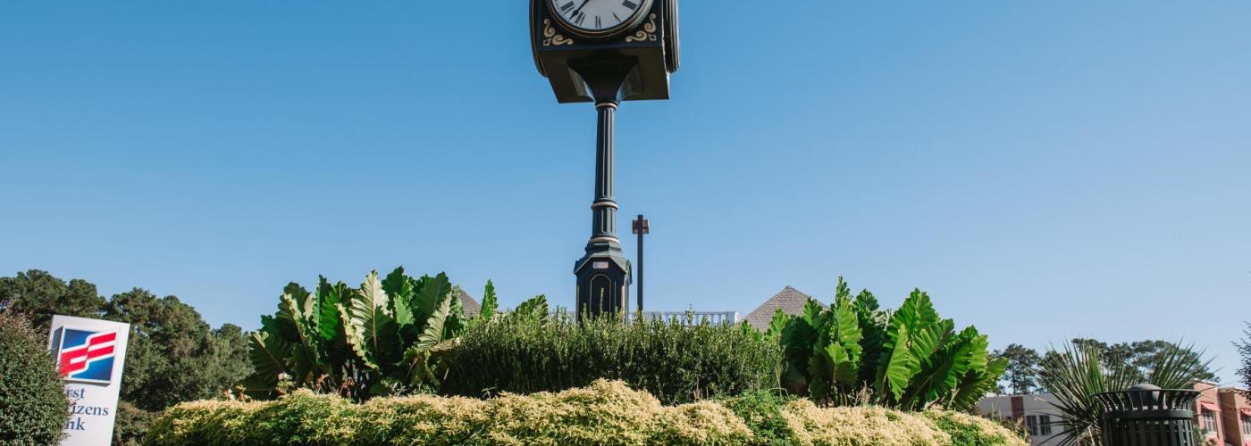 City clock tower at Forest Drive and Trenholm Road intersection.