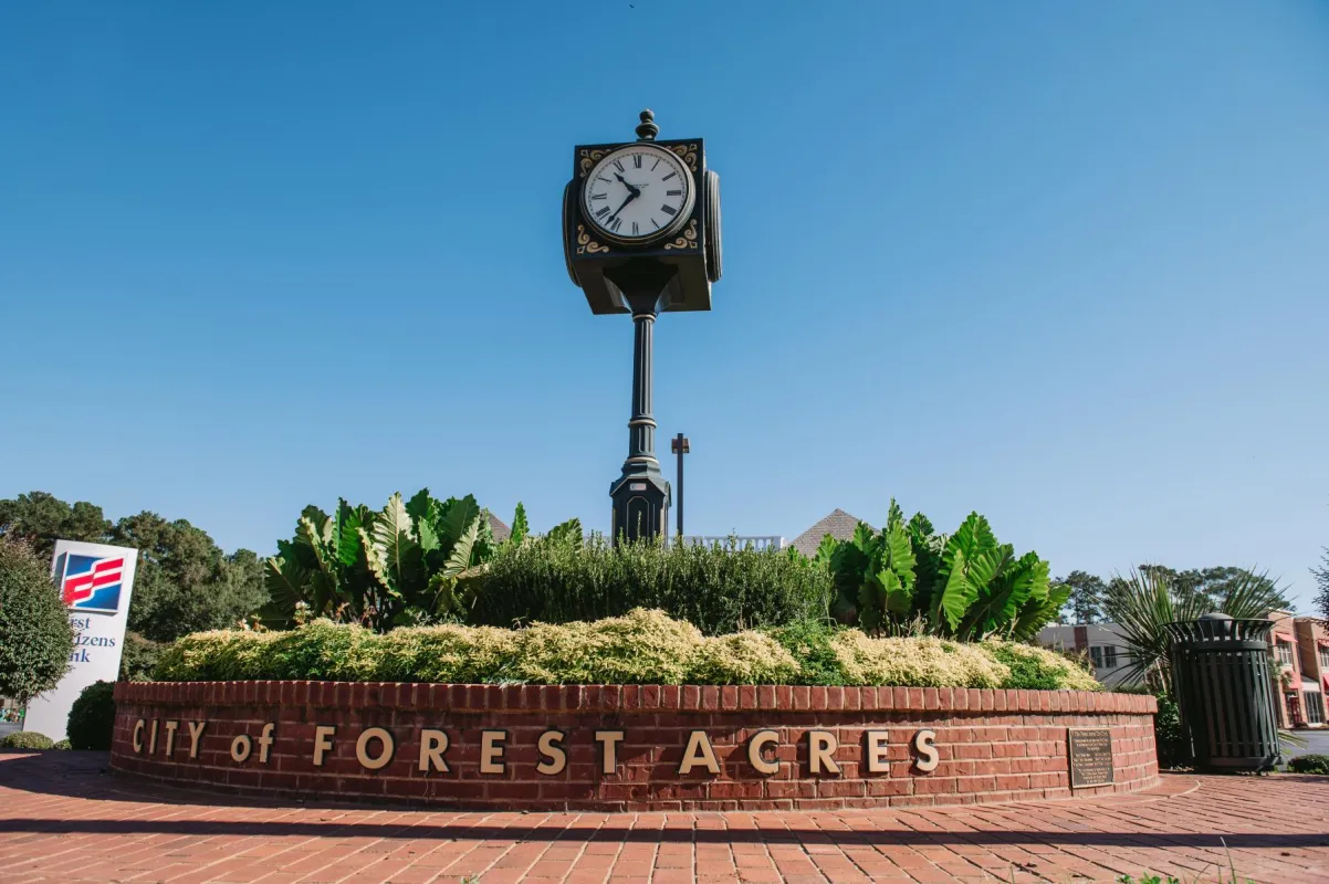 City clock tower at Forest Drive and Trenholm Road intersection.
