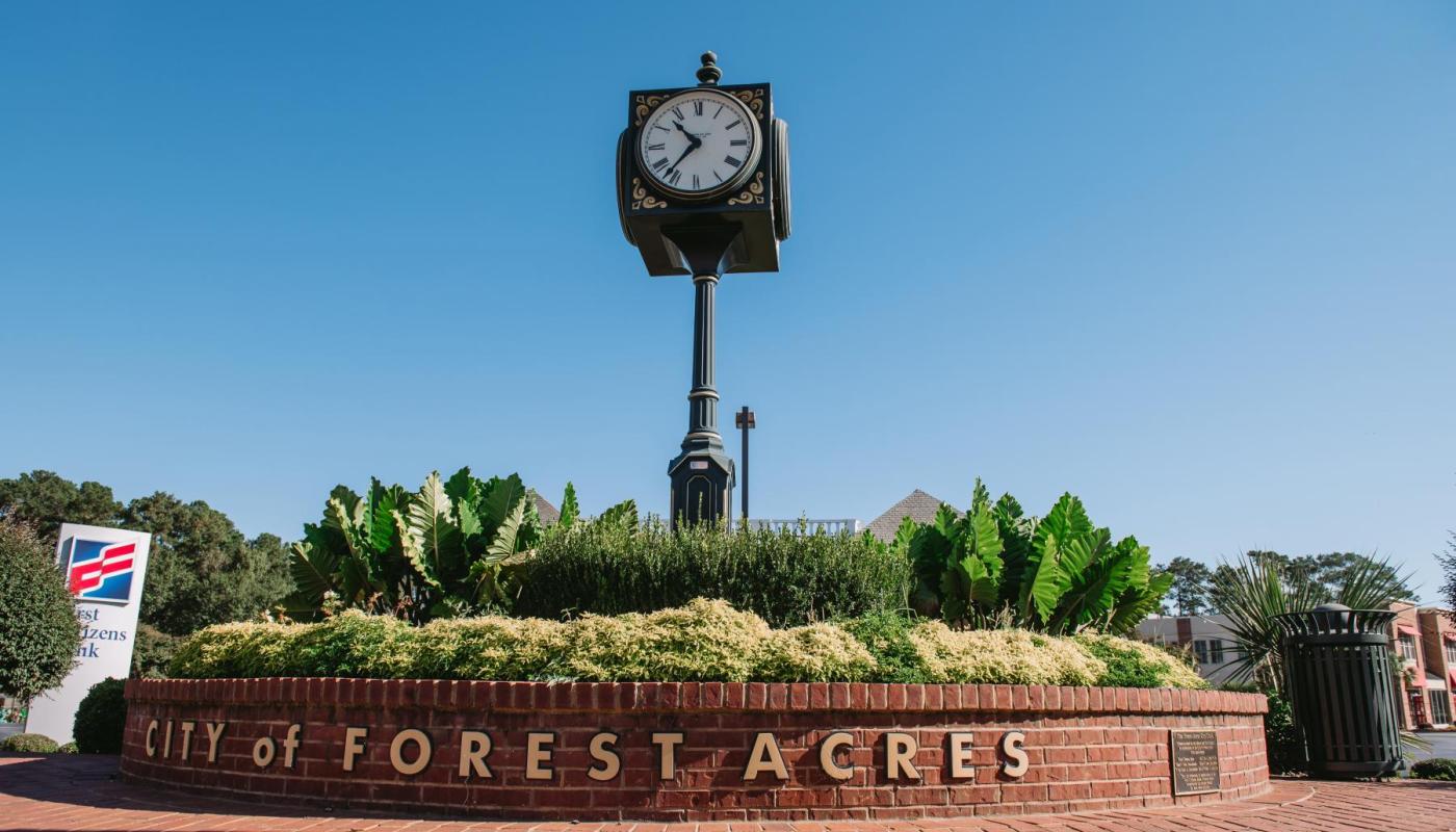 City clock tower at Forest Drive and Trenholm Road intersection.